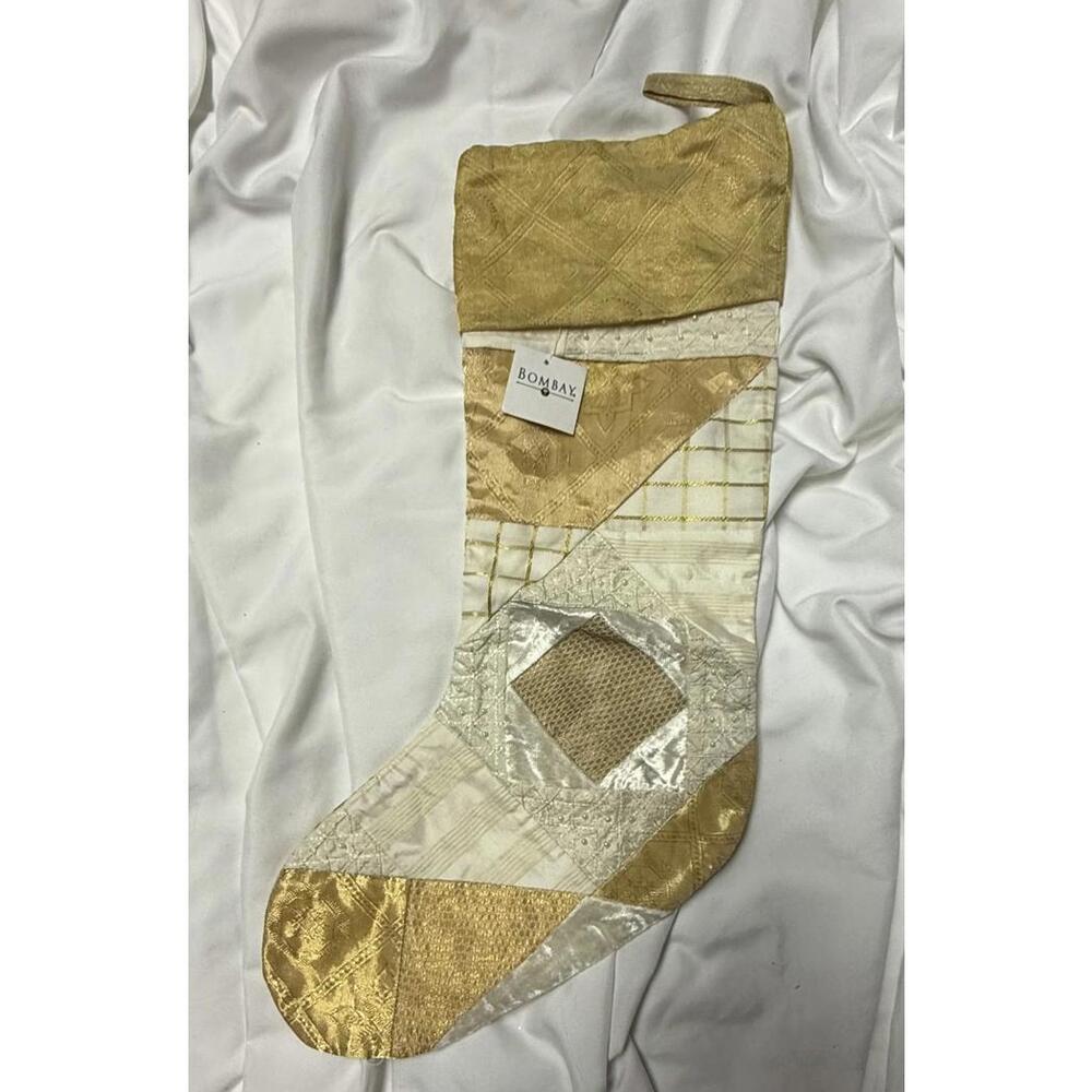 Bombay Company, Ivory Satin Beaded Christmas Stocking, New